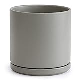 D'vine Dev 10 Inch Ceramic Planter Pot with Drainage Hole and Saucer, Indoor Cylinder Round Planter