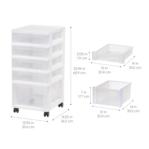 Image of IRIS USA 5-Drawer Rolling Storage Cart with Organizer Top, White /Clear | Keep classroom supplies, teacher essentials, craft materials, and learning tools organized with easy-access drawers.