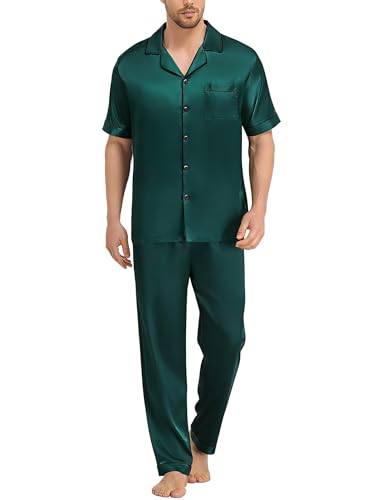 Image of SWOMOG Mens Silk Pajamas Set Satin Pj Set Short Sleeve Sleepwear Button Down Lounge Set with Drawstring & Pockets S-3XL