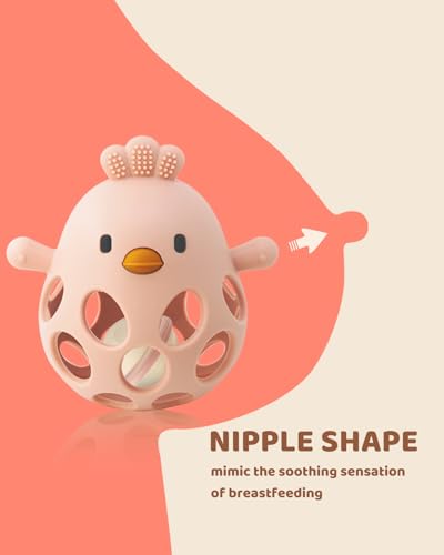 Image of Baby Teething Chick Toy, Upgraded Easy Grasp Silicone Teething Rattle Ball Toy for Babies Over 3 Months, 100% Food Grade, Gift for Infant Boys and Girls 0-6-12 Months (Pink)