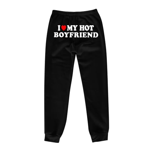 Sweatpants Women Baggy Polka Dot Printed Womens Cinch Bottom Sweatpants Pockets I Love My HOT Boyfriend Letter Graphic Print Yoga Lounge Comfy Workout Jogging Pants Workout Pants Women Black