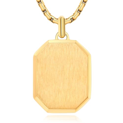 Pendant Necklace For Men - Stainless Steel Box Chain Pendant，Octagonal Dog Tag, Silver&Gold Color,Personalized Engraving On Pendant,Fashion Jewelry For Men,24 Inch Length (18K Gold color)