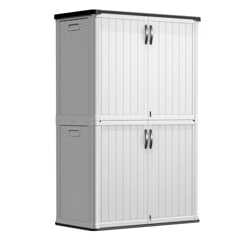 Image of Greesum Outdoor Storage Cabinet Without Shelves, 50 cu.ft Outdoor Waterproof Storage Shed for Garden Tools, Garbage Cans, Pool Storage, White