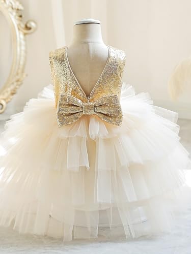 Girls Sequin Tulle V-Back Dress Sleeveless Multilayer Chiffon Birthday Party Dresses with Bow2