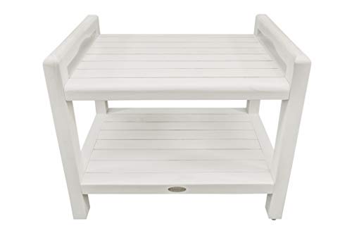 CoastalVogue Eleganto Teak Shower Stool with LiftAid Arms and Shelf, 24 inches, Driftwood - Image 2