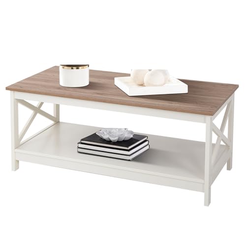 Sophia & William Farmhouse Coffee Table with Storage Shelf for Living Room, Ivory