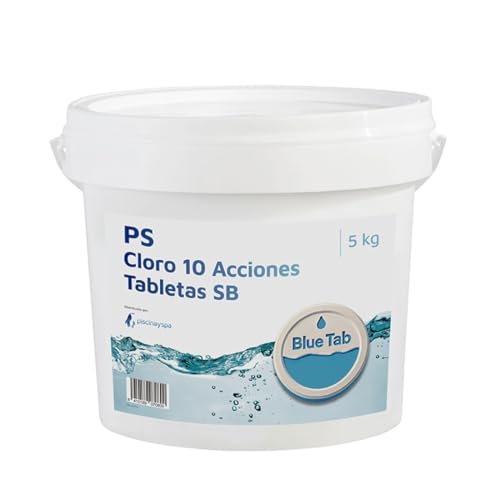 Blue Tab Cloro 10 Acciones en Tabletas 250 Gr, Efecto Choque y Mantenimiento Prolongado, Compatible con Piscinas, Liner y Aguas Duras, 5 Kg - BL6005 - Piscinayspa