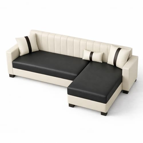 Image of SOCOZI Averique 4 Seater RHS L Shape Sofa Set |Premium Leatherette Upholstery | Modern Design | Plush Comfort Cushions for Living Room (Cream-Black)