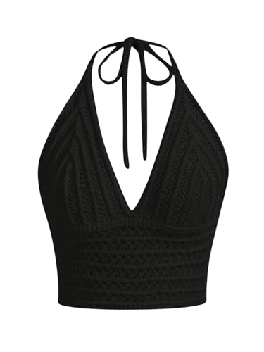 SHENHE Women's V Neck Halter Backless Tops Crochet...
