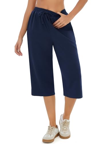 Demegimi Pantalones Deportivos Mujer Algodón Deportivos Recortados Pantalones 3/4 Capri Pantalón Piratas Verano con Bolsillos Laterales para Yoga y Correr