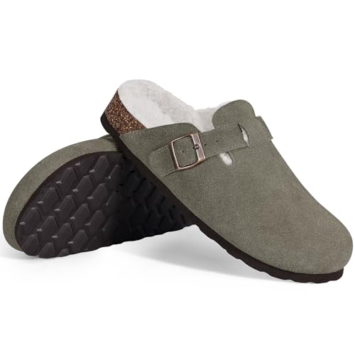 Image of KIDMI Women's Fur Lined Genuine Suede Clogs Fuzzy Cork Footbed Potato Shoes | Adjustable Metal Buckle, Non-slip Rubber Soles, Cushioning, Cozy and Warm, Supportive, Indoor, Outdoor, Winter, Casual
