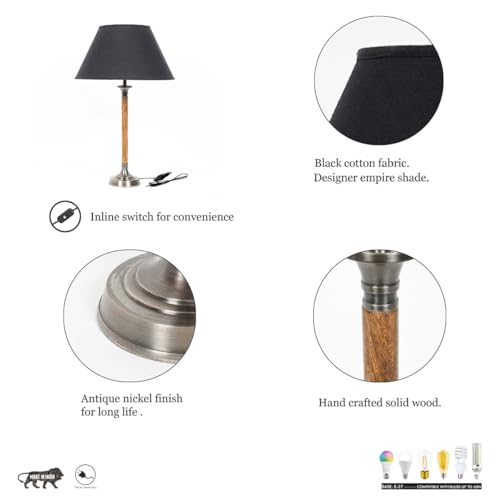 Image of Waldorf Wood and Metal Table Lamp with Black Cotton Shade | Modern Designer Bedside & Living Room Decorative Table Light (Bulb Included)
