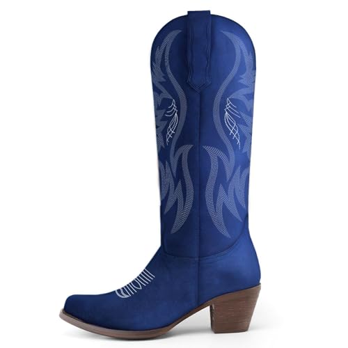 Image of KaroNairy Women Cowboy Boots Faux Suede Embroidered Pointed Thick Heeled Western Wide Calf Cowgirl Ponited Toe Mid Calf Boots