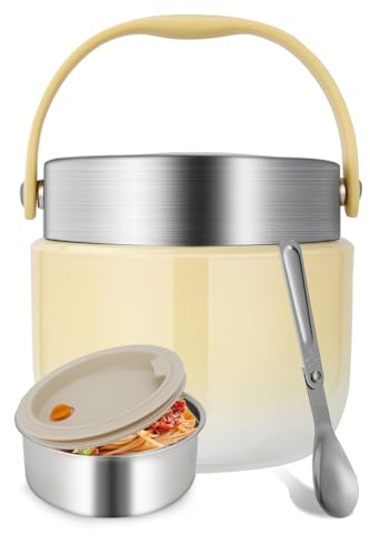 Ezvsevuo Termo Comida Caliente 1200ml, Térmico para Alimentos Acero Inoxidable, Fiambrera Térmica con Cuchara Plegable, Termo de Comida para Adultos y Niños (Amarillo)