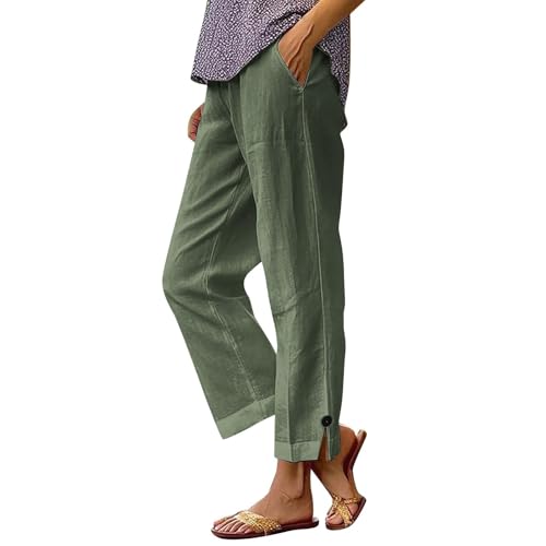 2025 Womens Linen Pants Elastic High Waist Straight Leg Lounge Palazzo Pant Casual Slacks Summer Trouser with Pockets
