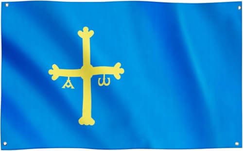 Bandera Asturias 90x150cm, Bandera Cruz de la Victoria con 4 Ojales de Latón, Asturias flag, Banderas de Comunidades para exterior, Material Poliéster, Impresión ambas caras