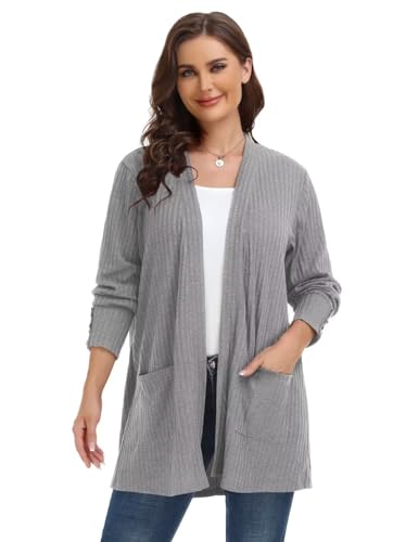 Image of MONNURO Plus Size Open Front Cardigan Sweaters for Women Lightweight Long Sleeve Fall Coat with Pockets(O-Gray,5X
