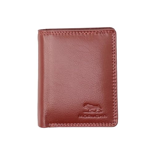 MORUCHA Antique Red Compact Trifold Wallet For Mens | Genuine Soft Nappa Leather RFID Blocking | Zipped Pocket | Designed For Up To 6 Cards, ID, Coins And Cash | Gift Boxed M-45