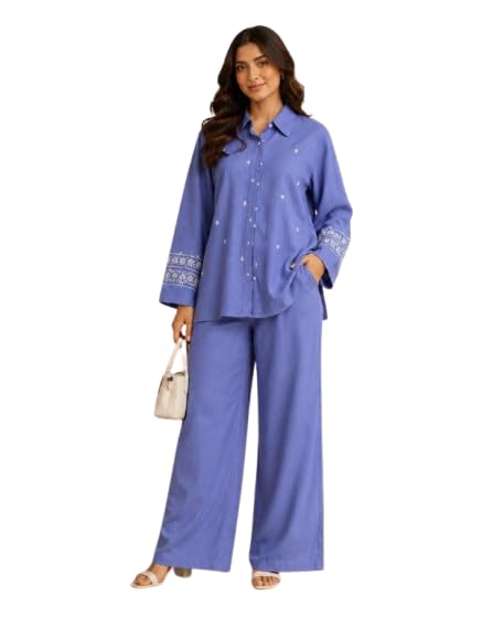 Women's Blue Embroidered Co-Ord Set | Cotton Blend Shirt with Wide Leg Pants | Full Sleeve Button-Down Top | Casual, Office Wear & Daily Wear Two Piece Outfit RASIKA_BYNIDHI-picture-17