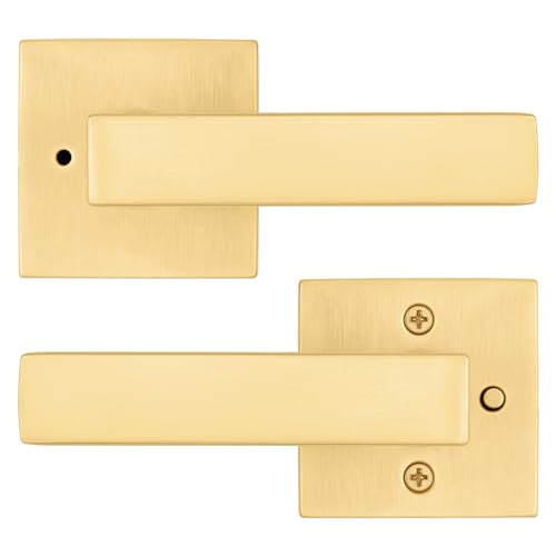 Image of Kwikset Singapore Interior Privacy Door Handle with Lock, Door Lever for Bathroom and Bedroom, Satin Brass Reversible Keyless Push Button Lock Door Lever, with Microban Protection (Pack of 4)