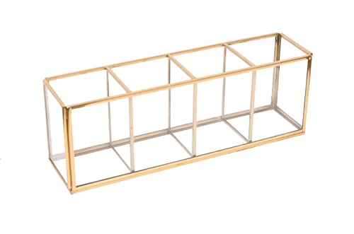 Image of Gold Glass Makeup Brush Organizer - Cosmetic Brush Holder with Metal Frame for Vanity, Dressing Table & Bathroom Counter - Multi Slot Makeup Storage - 29 x 7.5 x 10 cm
