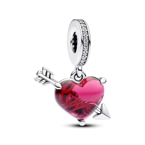 PANDORA Moments Red Heart & Arrow Murano Glass Dangle Charm - Sterling Silver Charm with Cubic Zirconia & Murano Glass - Jewelry for Women - Includes Gift Box2