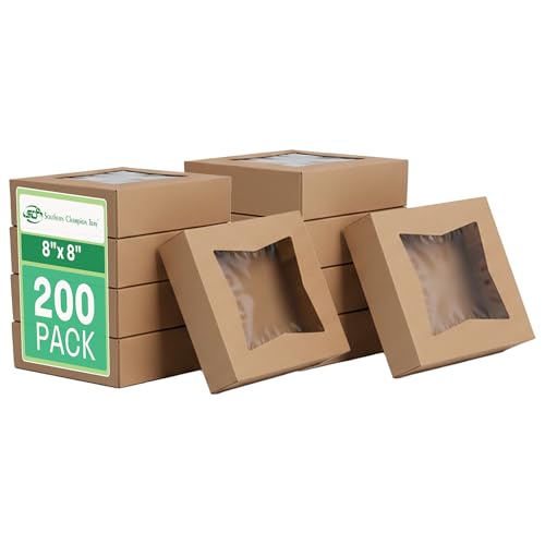 Southern Champion Tray Kraft Window Bakery Box (200 Quantity) 8x8x2.5, Automatic Bakery Carrier for Pies, Donuts, Pastries, Kraft with Clear Lid, 24013K