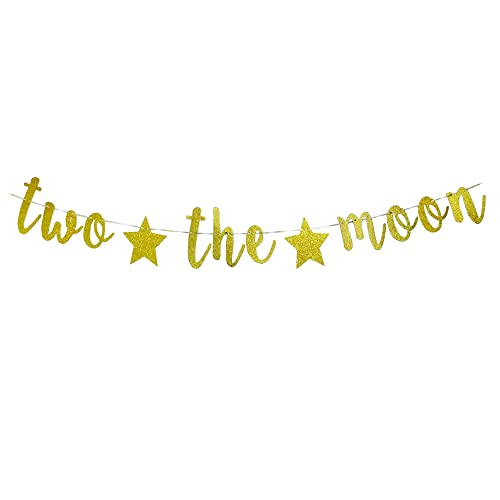 Guysckfi Two the Moon Banner - Baby 2nd Birthday, Outer Space Party Decoration, Gold, 5.31 Inches