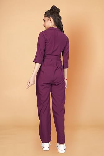 Image of Jwalin Girls Front Button Flap Pocket Belted Jumpsuit (Wine 13-14 Years)