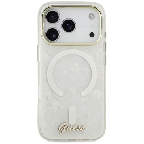 Coque iPhone 17 Pro Max Guess IML Shell Script Metal compatible MagSafe Blanche