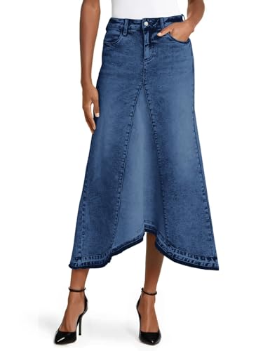 Fisoew Womens Denim Maxi Skirt Casual High Waist A-Line Frayed Irregular Hem Long Jean Skirt