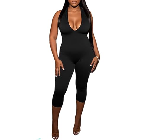 Aceilika Women Sexy Deep V Neck Sleeveless Backless Bodycon Capri Jumpsuit Halter Party Club Rompers One Piece Outfits Black XL