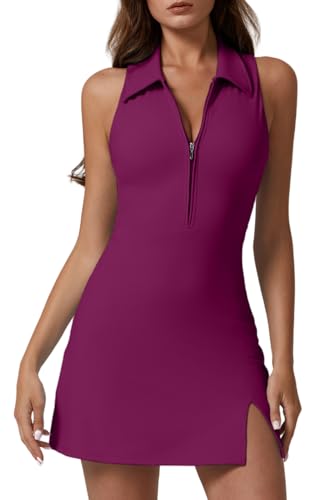 Image of QINSEN Womens Zip Front Tennis Dress Polo Collar Racer Back Workout Golf Dresses Build in Shorts with Pockets
