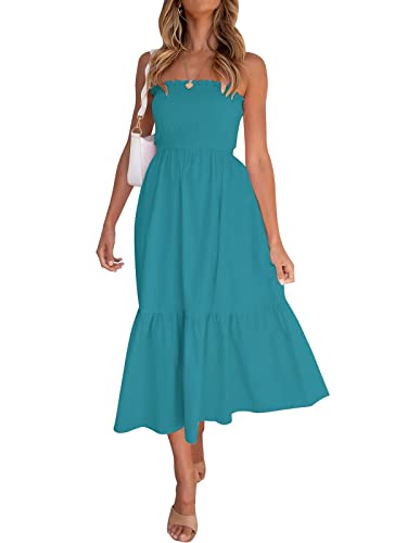 Image of ZESICA Women's Summer Boho Strapless Maxi Dress 2026 Casual Off Shoulder Smocked Flowy A Line Beach Holiday Long Dresses