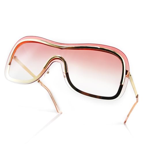 Y2k Wrap Around Sunglasses with Large Shield Shades, Big Metal Temple Retro 90s Style Futuristic Sunnies UV400 LA042