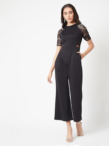 Image of Miss Chase Women's Halter Neck Sleeveless Solid Wide Leg Sequin Paneled Regular Length Jumpsuit