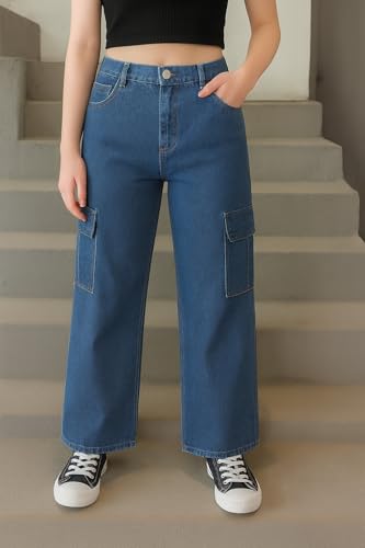 Image of ADBUCKS Stretchable High Rise Cargo Style Wide Leg Jeans for Girls II Girls Jeans