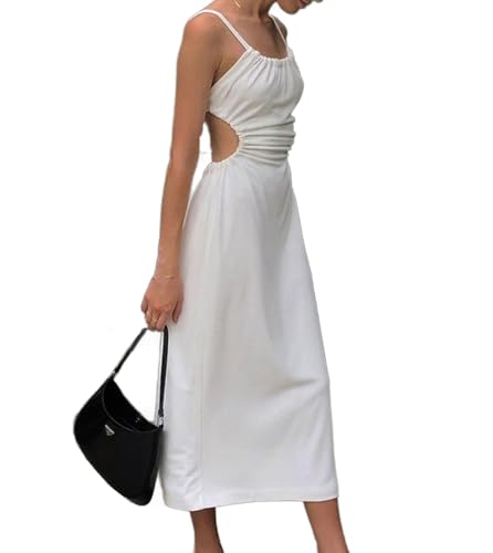 Genérico Vestido Largo de Tirantes Finos con cordón y Cintura Fruncida para Mujer sin Espalda Color Liso