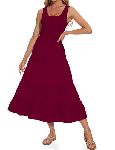 Image of Women's Summer Smocked Maxi Dresses Sleeveless U Neck Ruffle Hem Tiered A Line Flowy Dress