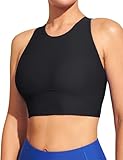 IUGA Bikini Tops for Women Adjustable Cross Back Swim Top Quick Dry Bathing Suit Tops High Neck Swim Bra UPF 50+ Black
