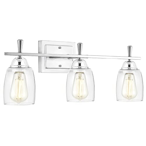 Up To 50% OFF Maxxima Chrome 3-Light LED Bath and Vanity Fixture, 2400 Lumens, 2700K Warm White Modern Clear Glass Wall Light ST19 Bulbs Included