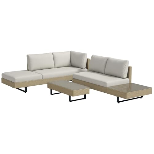 Outsunny Salon de Jardin extérieur d'angle 5 Places Design Contemporain Coussins déhoussables Table Basse Acier époxy résine tressée Beige