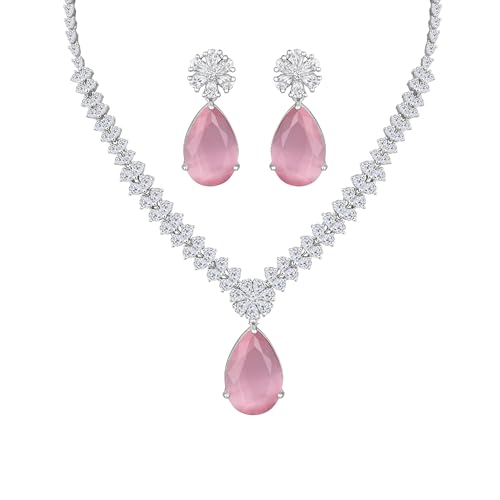 Image of ASMITTA Jewellery American Diamond Necklace Set Rhodium Plated Choker Necklace with Earrings for Weddings, Parties & Festivals