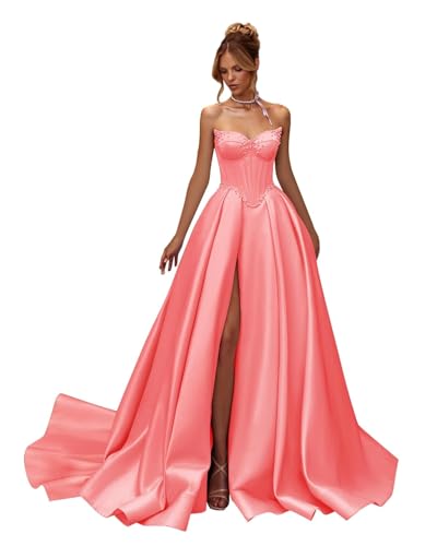 TräGerloses Korsett-Ballkleid Mit Schlitz Satin A-Linie Ballkleid,Bauschige Prinzessin Mit Perlen Besetzt Formelle Kleider Coral 5XL