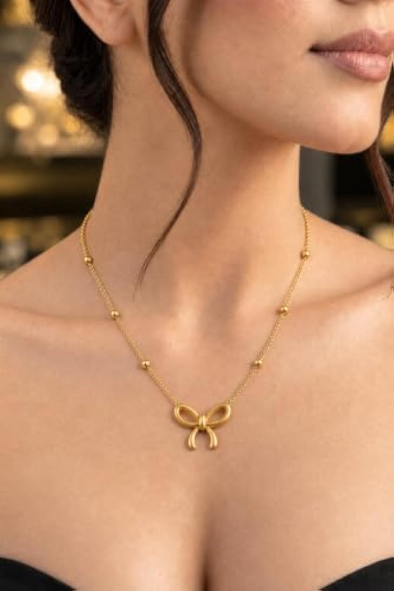Women's 18K Gold Plated Elegant Bow Design Pearl Necklace