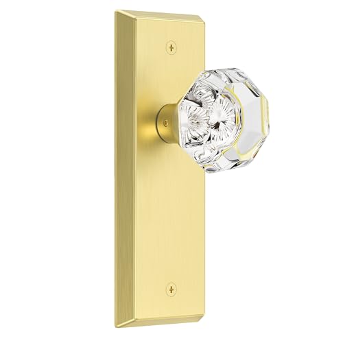 Image of Glass Door Knobs for Interior Doors - Vintage Crystal Passage Closet & Hallway Door Knob - Diamond Cut Door Handle - Brushed Bold Finish (1 Pack)