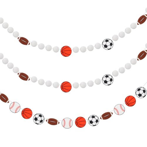Image of Tatuo 3 Pcs 24.61 ft Sport Party Decorations Felt Football Garland Baseball Basketball Soccer Pompom Hanging Banner for Sports Theme Party Birthday Baby Shower Decor