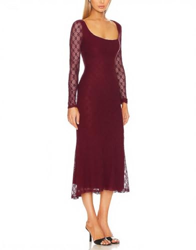 Capuffy Women's Sheer Mesh Long Sleeves Maxi Dress Floral Lace Bodycon Dress Square Neck Mermaid Wedding Guests Dresses 4572