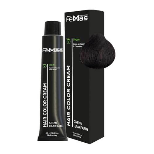 FemMas Colore per capelli crema professionale per capelli con olio di argan nutriente, cheratina e ceramidi I come colorazione permanente per capelli o tintura (Nero marrone 2, 100 ml)