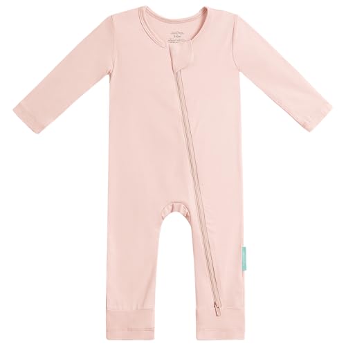 PurComfy Baby Long Sleeve Romper Jumpsuit, Premium Soft Rayon One Piece Pajamas Boy Girl 2-Way Zipper Coverall Sleeper 0-3 Months Blush